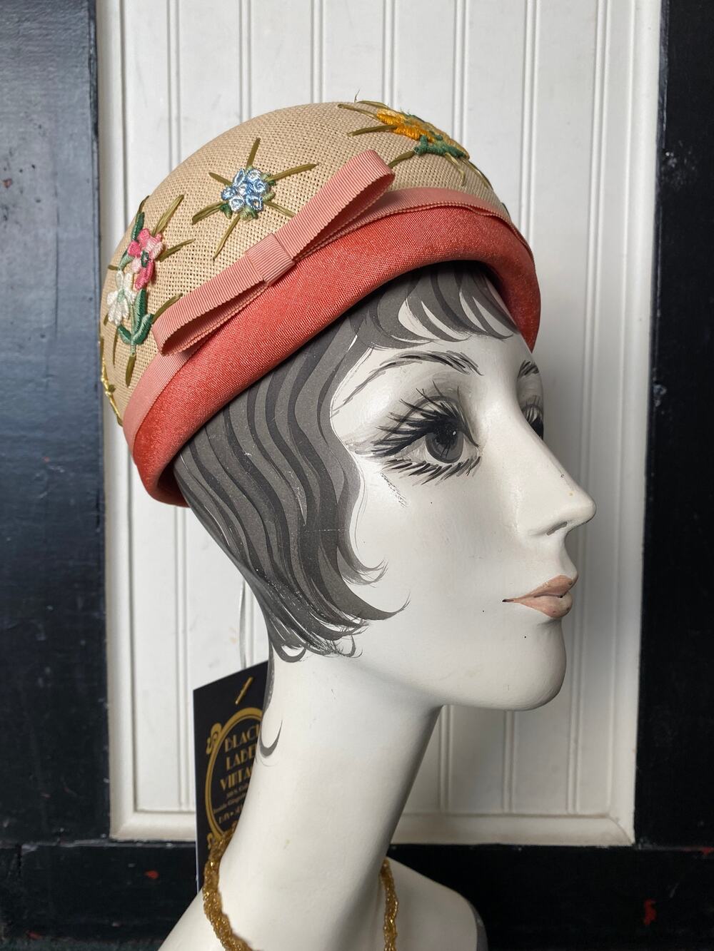 vintage 1960s embroidered pillbox hat 60s floral hat coralie applique coral silk
